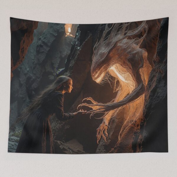 Item preview, Enchanted Encounter: Young Woman and Glowing Creature in Subterranean Cavern designed and sold by AdamSpade.