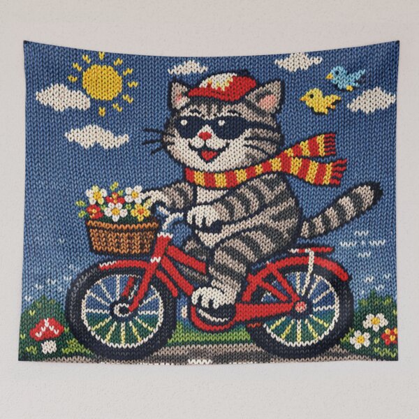 Item preview, Cat riding a bicycle, funny knitted picture designed and sold by Mauswohn.