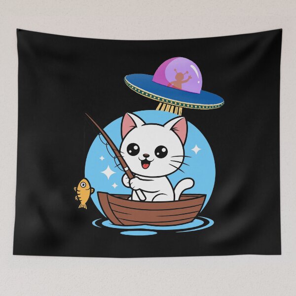 Item preview, Kawaii Fishing Cat Alien UFO Abduction Illustration designed and sold by StaticMood.
