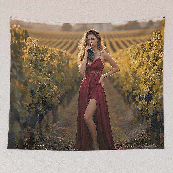 Item preview,  Golden Hour Vineyard Muse – Woman in Burgundy Lace Gown designed and sold by SunsetAngelsAI.
