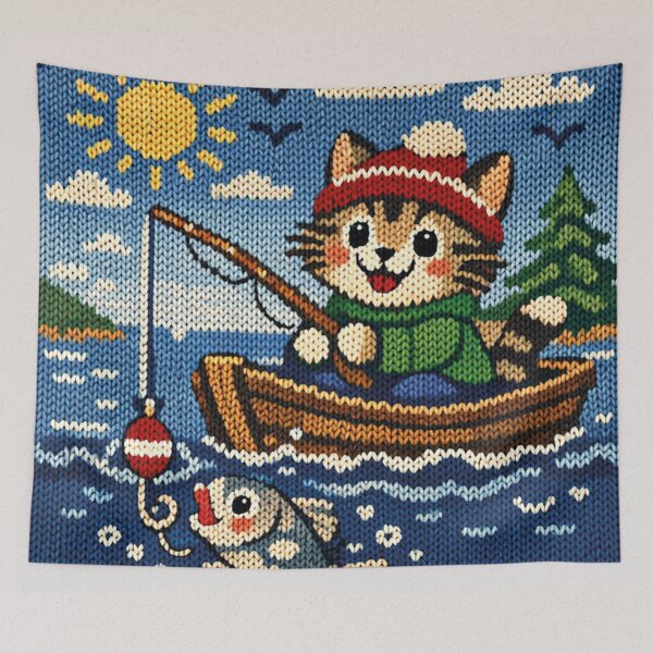 Item preview, Cute cat fishing at the lake, beautiful knitted picture designed and sold by Mauswohn.