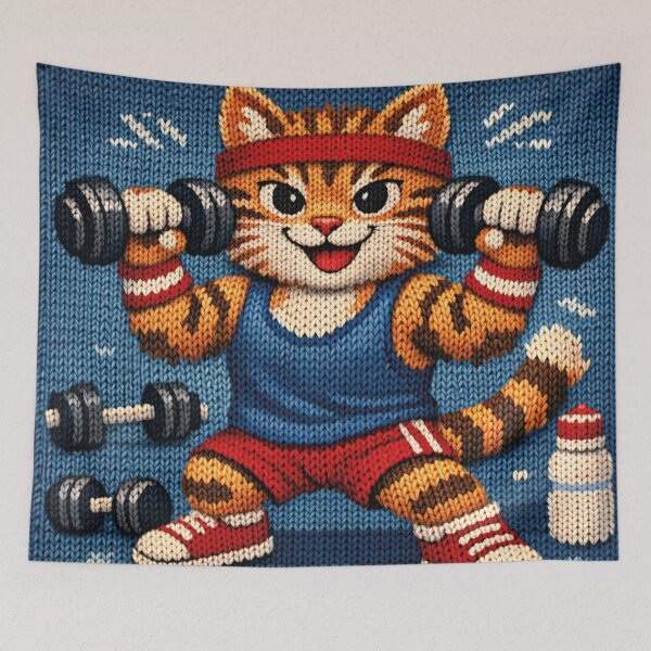 Item preview, Cat lifting dumbbells, funny knitted picture designed and sold by Mauswohn.