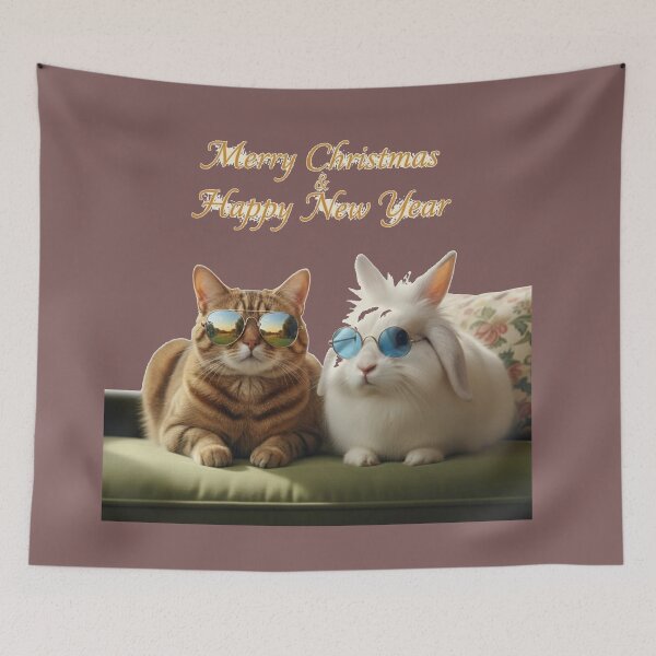 Item preview, Merry Christmas & Happy New Year – Cool Cat and Bunny in Sunglasses designed and sold by DroolWorthyUS.
