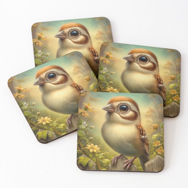 Item preview, Cute Sparrow on Fence with Flowers designed and sold by PetsArt.