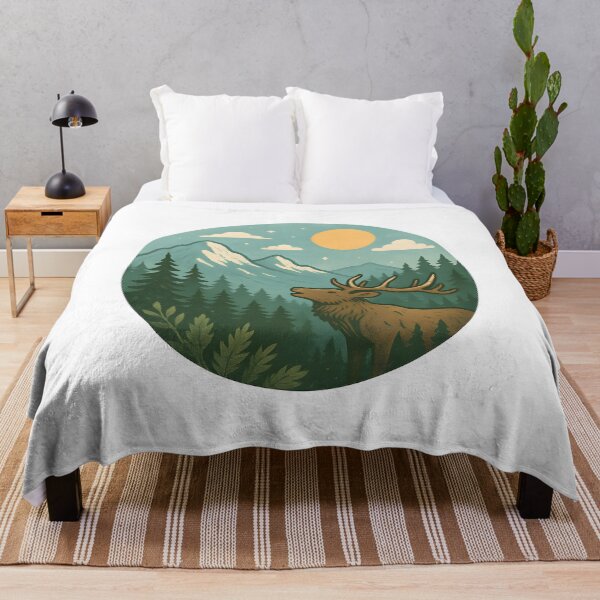 Item preview, Majestic Deer Howling in Forest with Mountains and Sun designed and sold by The-T-In-Retro.