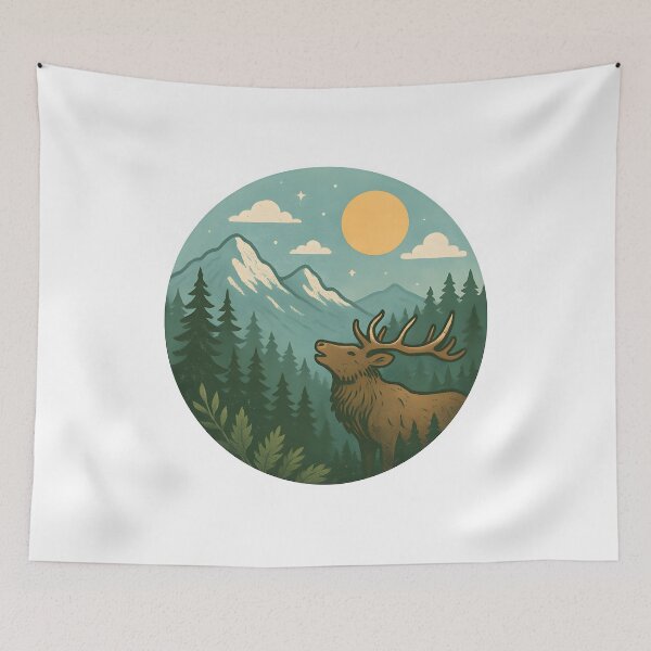 Item preview, Majestic Deer Howling in Forest with Mountains and Sun designed and sold by The-T-In-Retro.