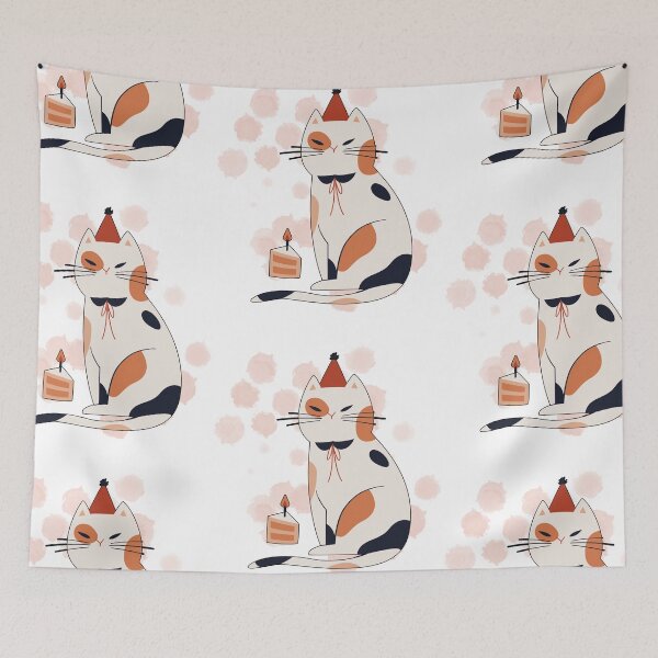 Item preview, White Spotted Cat with a Birthday Hat and Cake – Birthday Illustration designed and sold by iamKRUK.
