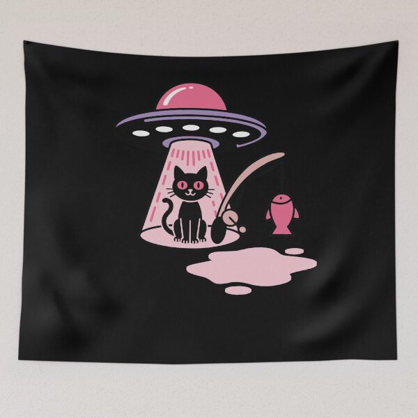 Item preview, Kawaii Fishing Cat Alien UFO Abduction Illustration designed and sold by StaticMood.