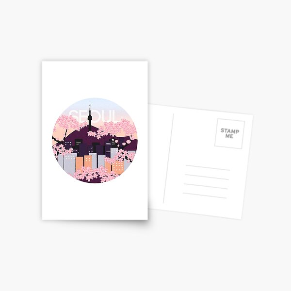 Item preview, Seoul Tower With Woodblock Style Cherry Blossoms South Korea  designed and sold by katlandreth.