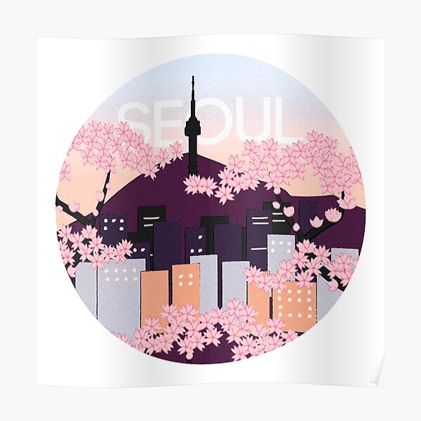 Seoul Tower With Woodblock Style Cherry Blossoms South Korea Poster