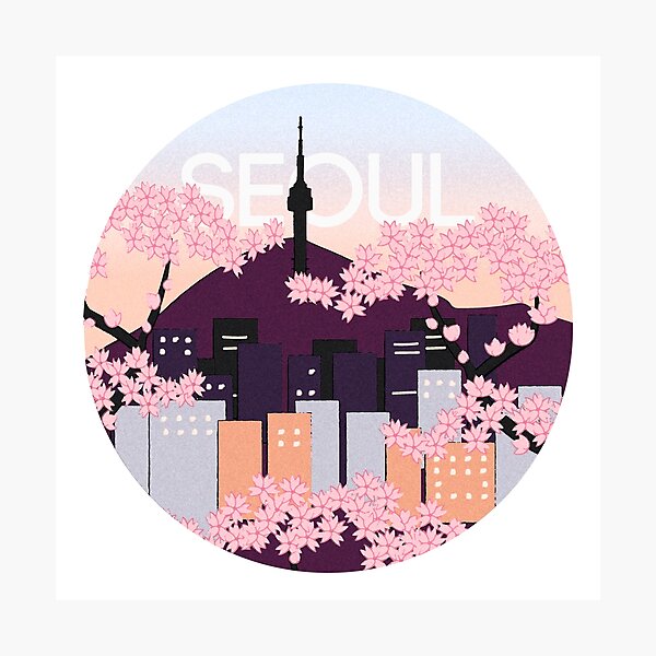 Item preview, Seoul Tower With Woodblock Style Cherry Blossoms South Korea  designed and sold by katlandreth.