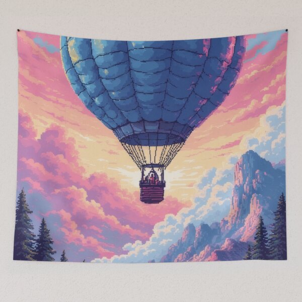 Item preview, Hot air balloon adventure in a pixel art landscape designed and sold by Mianku | Für das Leben.