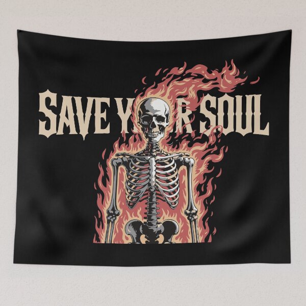 Item preview, Save Your Soul – Flaming Skeleton Dark Gothic Illustration designed and sold by TeeLabDesign.