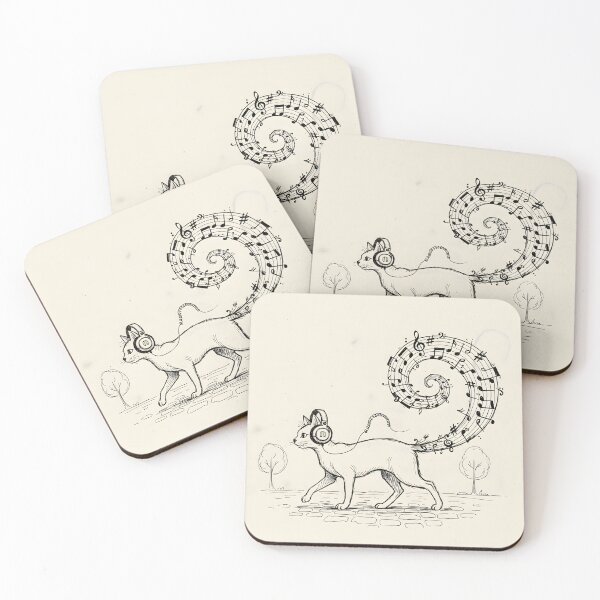 Item preview, Whimsical line art cat wearing headphones with spiral music note tail designed and sold by homydesign.