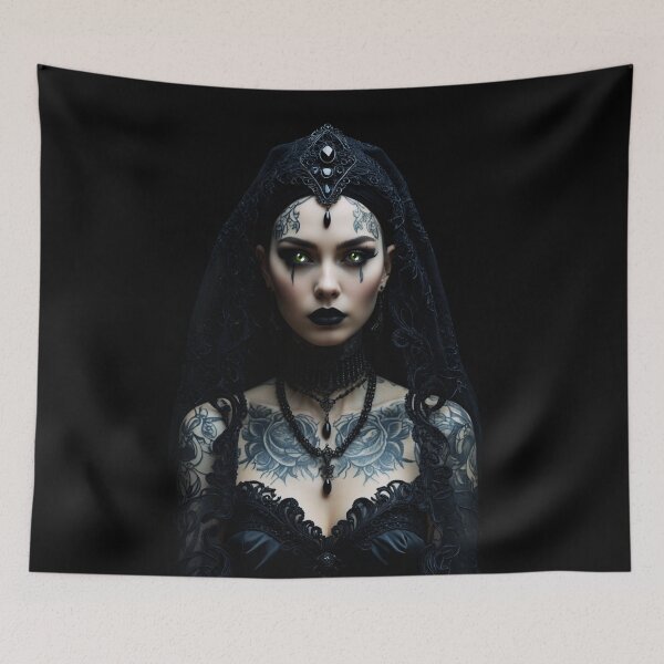 Item preview, dark gothic priestess – occult tattoo woman – black veil art designed and sold by Traumrausch.
