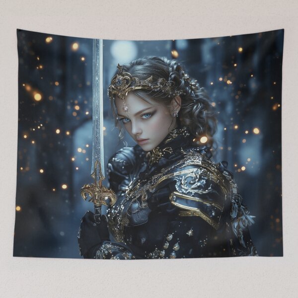 Item preview, Queen of Starlit Steel | Divine Feminine Warrior Portrait in Midnight & Gold designed and sold by VisionaryVeils.