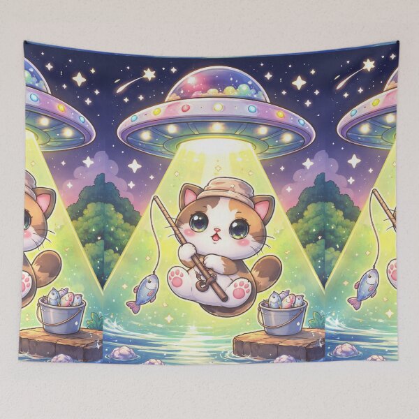 Item preview, Kawaii Fishing Cat Ailen UFO Abduction Kawaii Cat Abduction designed and sold by zuzzelek44.
