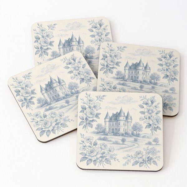 Item preview, Blue Ink Castle with Floral Frame – Vintage Toile Landscape designed and sold by SplashTastic.