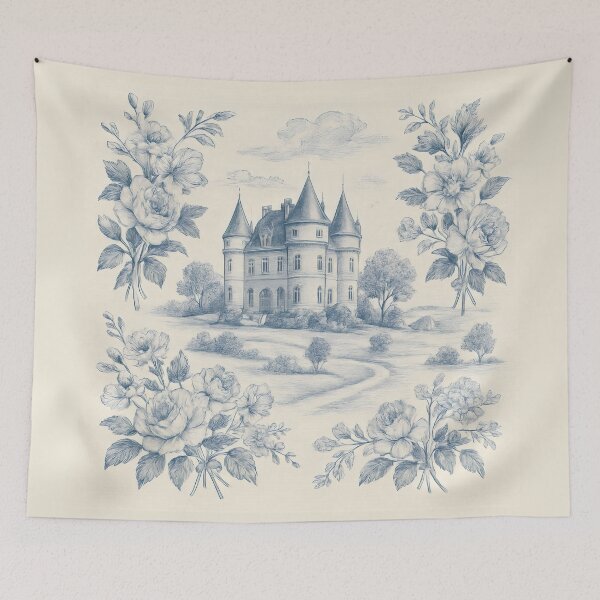 Item preview, Blue Ink Castle with Floral Frame – Vintage Toile Landscape designed and sold by SplashTastic.