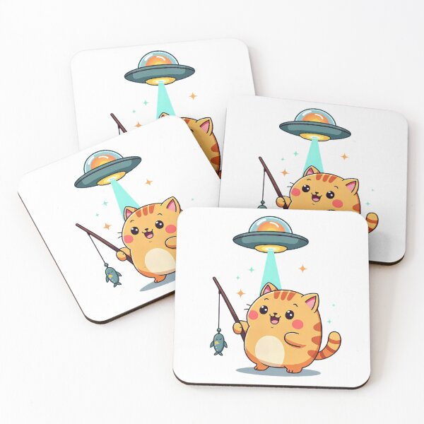 Item preview, Kawaii Fishing Cat Alien UFO Abduction designed and sold by EmiBarDesign.