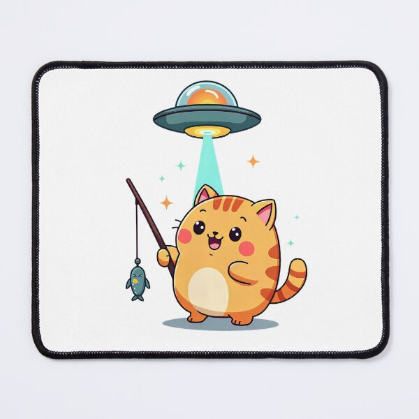 Item preview, Kawaii Fishing Cat Alien UFO Abduction designed and sold by EmiBarDesign.