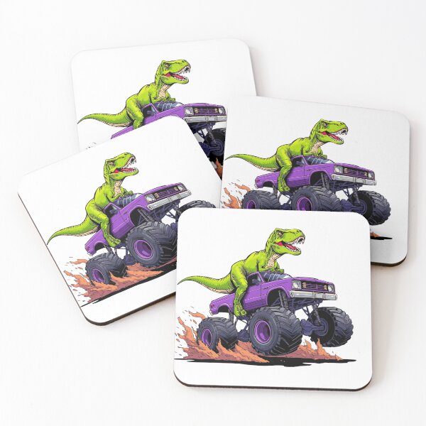Artikelvorschau, Ein T-Rex rast in einem lila Monstertruck herum. entworfen und verkauft von Prayful.