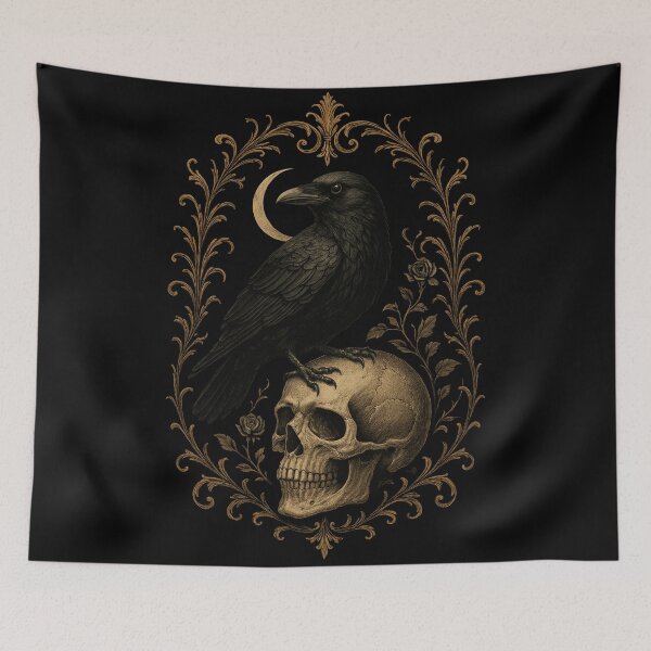 Item preview, Raven on Skull with Crescent Moon – Gothic Memento Mori designed and sold by Mouraludia.