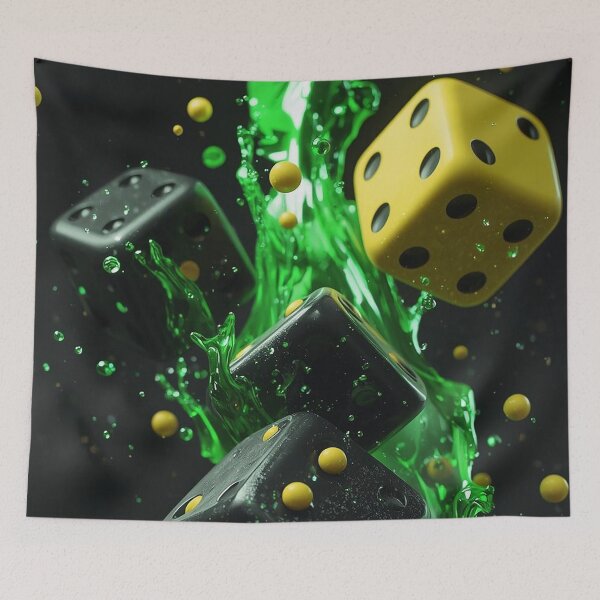 Item preview, Abstract Floating Dice 3D Art – Black Yellow Dice with Green Energy Splash CGI Render designed and sold by Impact-Art.