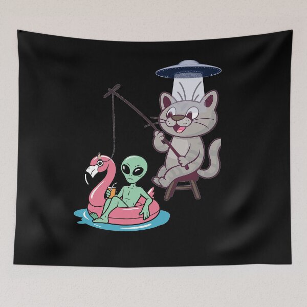 Item preview, Kawaii Fishing Cat Alien UFO Abduction Illustration designed and sold by StaticMood.