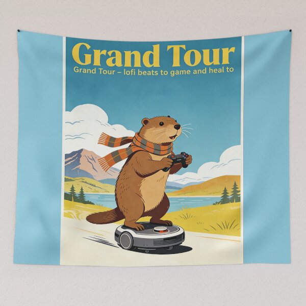 Item preview, Grand Tour Lofi Gamer Poster | Cute Marmot on Robot Vacuum | Retro Travel Aesthetic Whimsical Art designed and sold by Cherrydora.