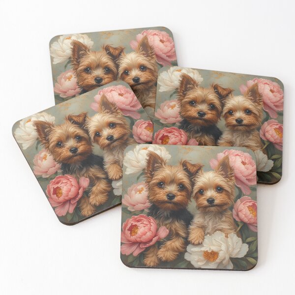 Item preview, Yorkshire Terrier puppies among peony flowers. designed and sold by Natalia-Vlad.
