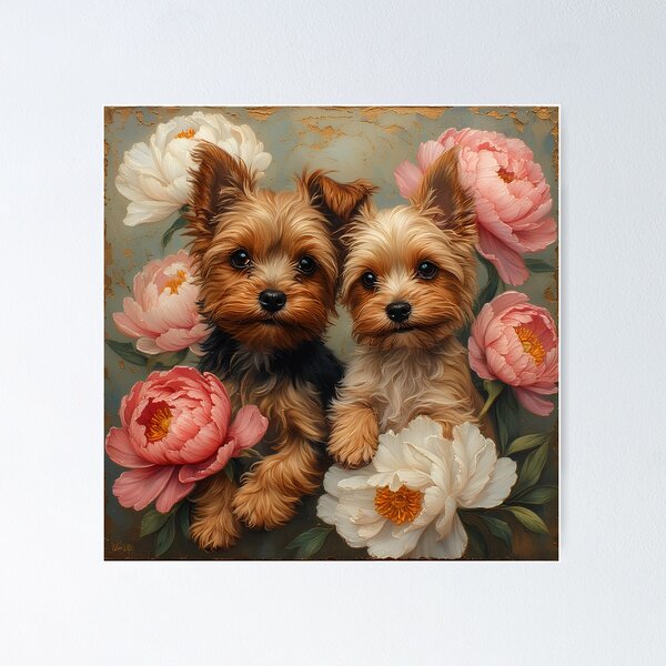 Item preview, Yorkshire Terrier puppies among peony flowers. designed and sold by Natalia-Vlad.