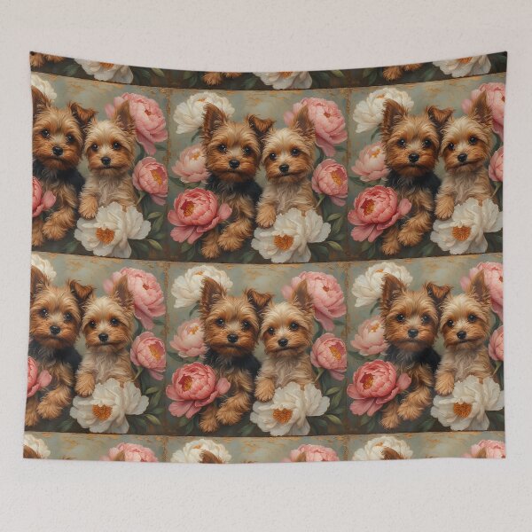 Item preview, Yorkshire Terrier puppies among peony flowers. designed and sold by Natalia-Vlad.