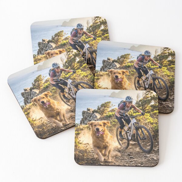 Item preview, Trail Sisterhood – Female Mountain Biker and Golden Retriever Riding Together. designed and sold by Hinson MTB Visuals.