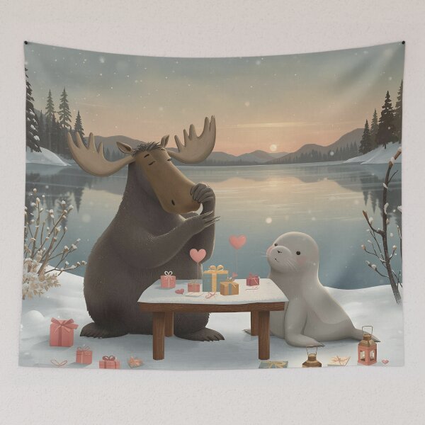 Item preview, Valentine’s Moose & Seal Couple • Whimsical Lakeside Heart Prep Art designed and sold by WildlifeWhimsy.