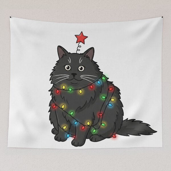 Item preview, Cute Fluffy Black Cat Tangled in Christmas Lights designed and sold by Strip to Stick.