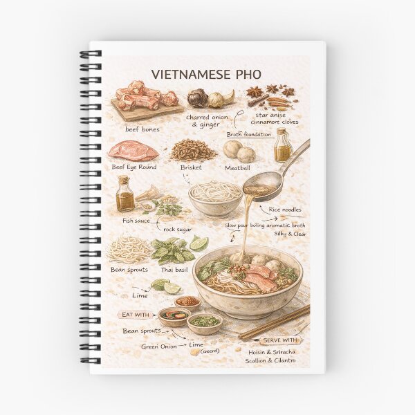 Item preview, Pho Recipe Shirt – Hand-Drawn Vietnamese Pasta Cooking Diagram Tee, Minimalist Food Illustration designed and sold by fishnsteve.