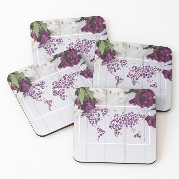 Item preview, Purple and White flowers on a wood background with an illustration of a world map made in flowers designed and sold by CHASAcreative.
