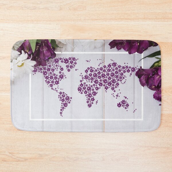 Item preview, Purple and White flowers on a wood background with an illustration of a world map made in flowers designed and sold by CHASAcreative.