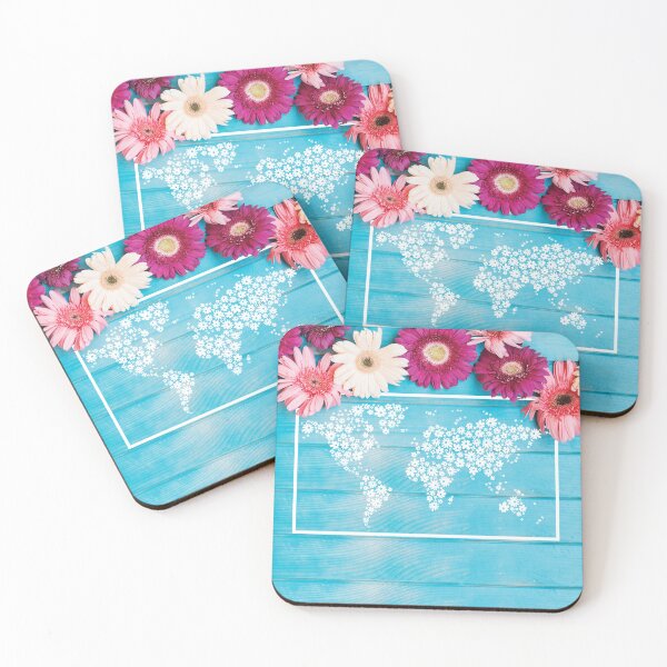 Item preview, Flowers on blue wood background with illustration of world map in flowers designed and sold by CHASAcreative.