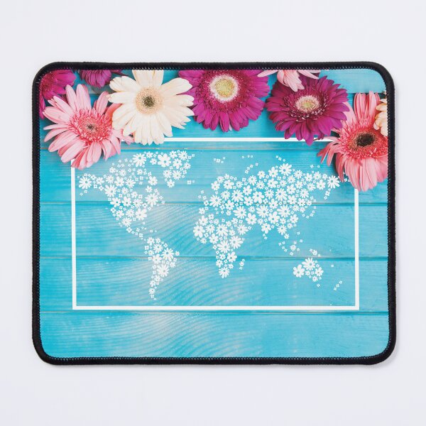 Item preview, Flowers on blue wood background with illustration of world map in flowers designed and sold by CHASAcreative.