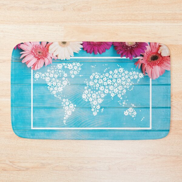 Item preview, Flowers on blue wood background with illustration of world map in flowers designed and sold by CHASAcreative.