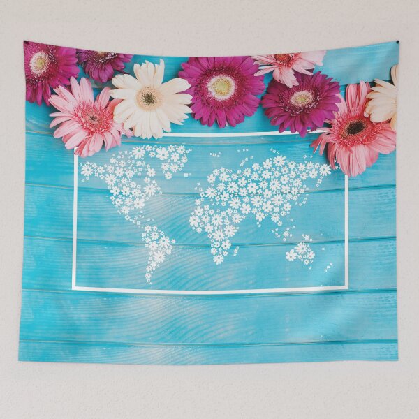 Item preview, Flowers on blue wood background with illustration of world map in flowers designed and sold by CHASAcreative.