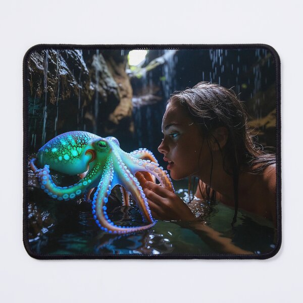 Item preview, Enchanted Depths: Young Woman and Bioluminescent Octopus in Underwater Cavern designed and sold by AdamSpade.