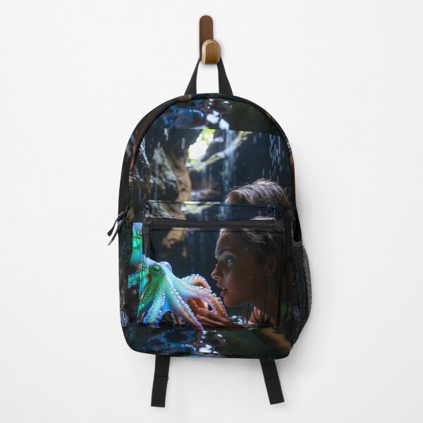 Item preview, Enchanted Depths: Young Woman and Bioluminescent Octopus in Underwater Cavern designed and sold by AdamSpade.