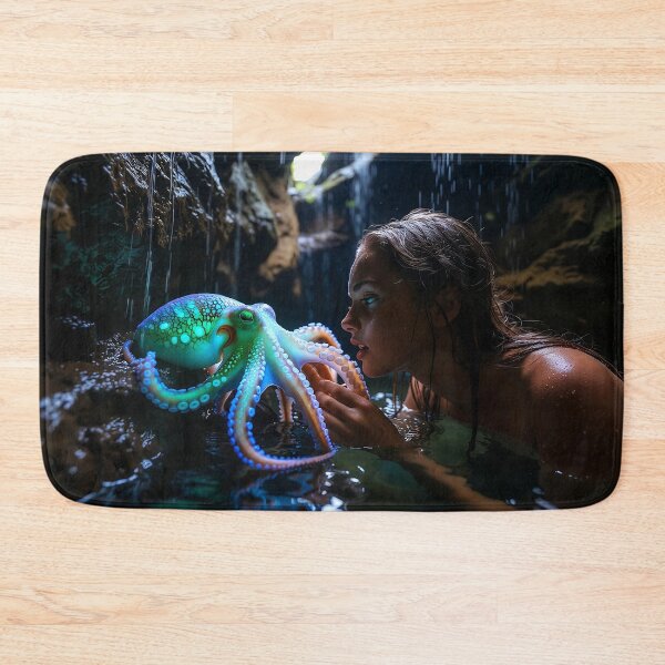Item preview, Enchanted Depths: Young Woman and Bioluminescent Octopus in Underwater Cavern designed and sold by AdamSpade.