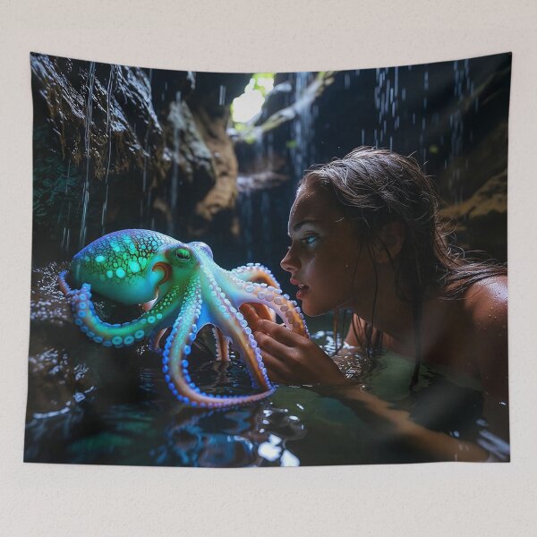 Item preview, Enchanted Depths: Young Woman and Bioluminescent Octopus in Underwater Cavern designed and sold by AdamSpade.