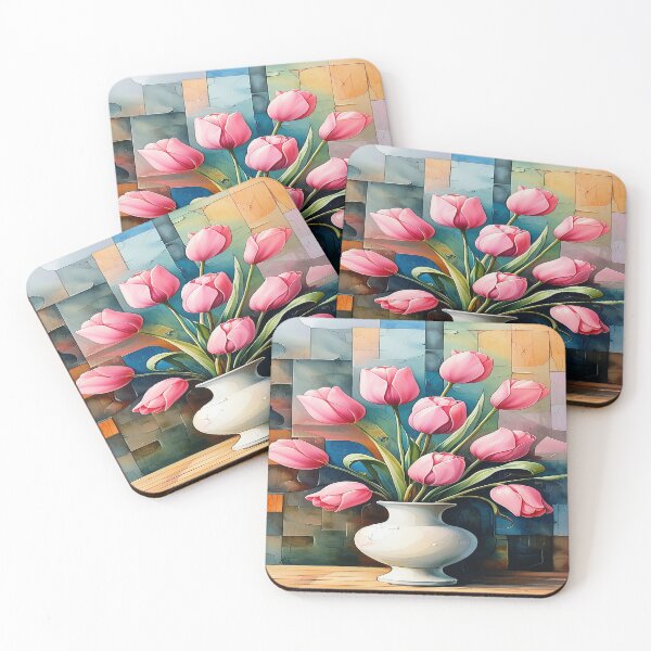 Item preview, Watercolor painting of pink tulips in a vase 1 designed and sold by DinsignStudio.
