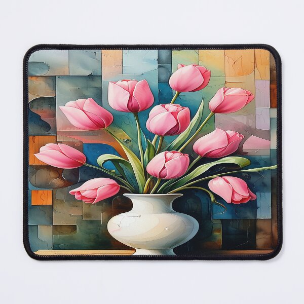 Item preview, Watercolor painting of pink tulips in a vase 1 designed and sold by DinsignStudio.
