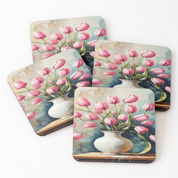 Item preview, Watercolor painting of pink tulips in a vase 3 designed and sold by DinsignStudio.